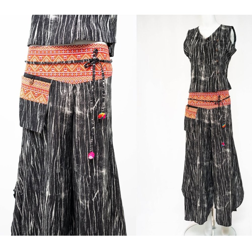 Unisex Vintage Bohemian Two Piece Festive Set Cotton Full Size Stripped black